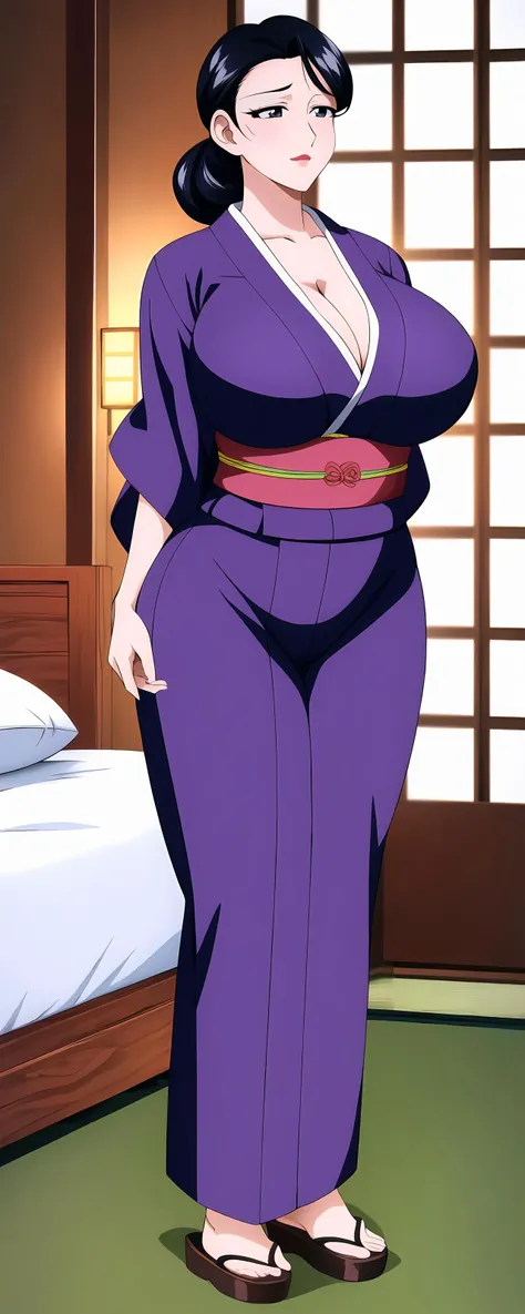 (full body:1.2) (front angle view:1.2) (low angle shot:1.2)
BREAK
<lora:Sumie_Takayanagi-V1:0.0.7><lora:odanon-v1.5:0.1> <lora:add_detail:0.4>
BREAK
40yr old woman, beautiful MILF, slim body, (big saggy breasts:1.2), (cleavage:1.3), (narrow waist:1.2), (wide hips:1.2), gorgeous face, perfect eyes, perfect face, expressive eyes, looking at camera, closed mouth, (innocent_big_eyes:1.2), (Light_Smile:0.3),black_hair,Hair_bun, lipstick, Bangs, Black_eye, white skin
BREAK
Japanese_clothes,  purple_kimono, sash, (standing near bed at night:1.2), bed lamp
BREAK
Beautiful character design, official art, extremely detailed CG unity 8k wallpaper, perfect lighting, Colorful,Bright_Front_face_Lighting, (masterpiece:1.0),(best_quality:1.0), ultra high res,4K,ultra-detailed, photography, 8K, HDR, highres, absurdres:1.2, Kodak portra 400, film grain, blurry background, bokeh:1.2, lens flare, (vibrant_color:1.2), style by Flora Borsi,
