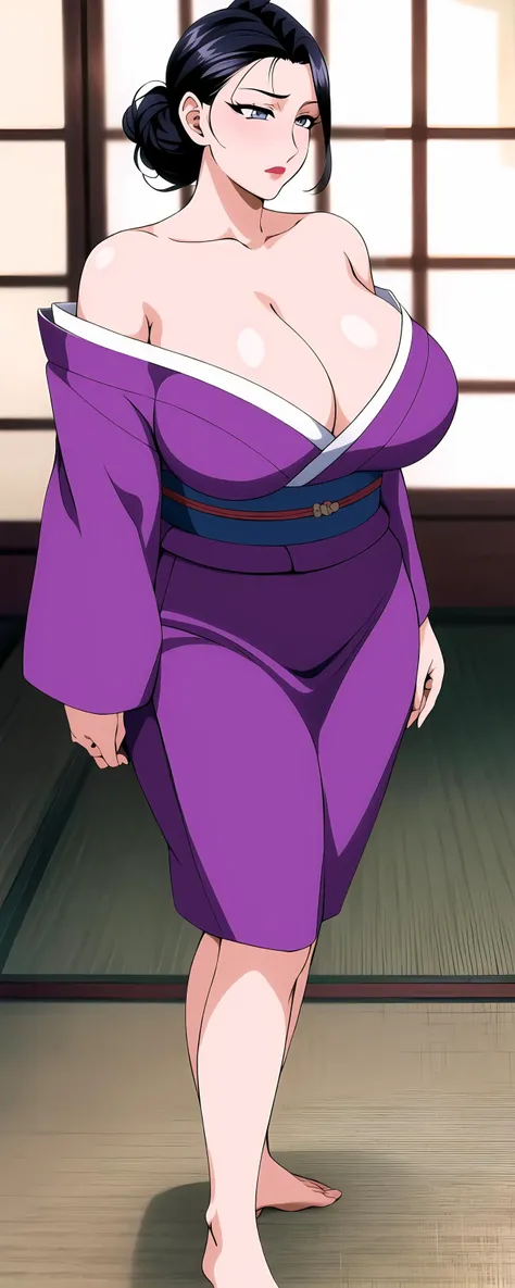 1girl, anime style, shinobu kocho, ripped kimono, beautiful detailed eyes, beautiful detailed lips, sexy body , full body view , round breasts white pantyhose
