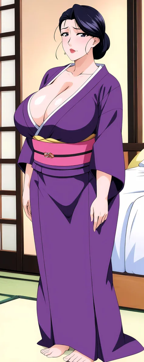 (full body:1.2) (front angle view:1.2) (low angle shot:1.2)
BREAK
<lora:Sumie_Takayanagi-V1:0.0.7><lora:odanon-v1.5:0.1> <lora:add_detail:0.4>
BREAK
40yr old woman, beautiful MILF, slim body, (big saggy breasts:1.2), (cleavage:1.3), (narrow waist:1.2), (wide hips:1.2), gorgeous face, perfect eyes, perfect face, expressive eyes, looking at camera, closed mouth, (innocent_big_eyes:1.2), (Light_Smile:0.3),black_hair,Hair_bun, lipstick, Bangs, Black_eye, white skin
BREAK
Japanese_clothes,  purple_kimono, sash, (standing near bed at night:1.2), bed lamp
BREAK
Beautiful character design, official art, extremely detailed CG unity 8k wallpaper, perfect lighting, Colorful,Bright_Front_face_Lighting, (masterpiece:1.0),(best_quality:1.0), ultra high res,4K,ultra-detailed, photography, 8K, HDR, highres, absurdres:1.2, Kodak portra 400, film grain, blurry background, bokeh:1.2, lens flare, (vibrant_color:1.2), style by Flora Borsi,