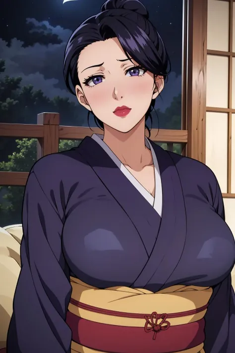 (masterpiece, best quality, unity 8k wallpaper, highres), ambient light, 1milf, solo, (super_beautiful_detailed hair face eyes nose mouth skin, slender:1.3), BREAK
 (Night:1.7),  Before Window, sitting at attention, sitting on couch, purple_kimono,sash, shouji, shrine, japanese_clothes, <lora:Sumie_Takayanagi-V1:0.7>,<lora:saiminSeishidou:0.2>, <lora:Mai_Shiranui-KK77-V2:0.1>, black_hair, Hair_bun, lipstick, Manga, 30yo, mature female, gigantic long sagging breasts, looking at viewer