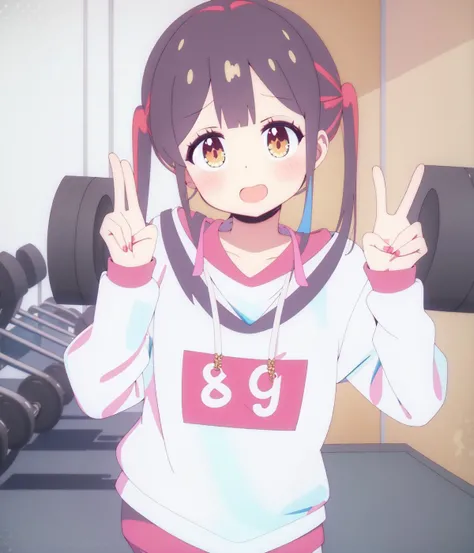 (best quality), highres, <lora:add_detail:-0.6> <lora:onimai:0.9> , gyaru, peace, sign, gym