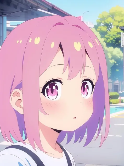 <lora:onemai-rc1-000003:0.8> best quality, ultra high res, 1girl, (pink hair:1.2), short hair, solo, looking at viewer, portrait, close up, outdoors