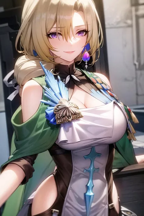 masterpiece, best quality, CocoliaV4, CocoliaV4, 1girl, solo, long hair, breasts, looking at viewer, smile, dress, cleavage, bare shoulders, jewelry, closed mouth, purple eyes, earrings, <lora:CocoliaV4-09:0.8>