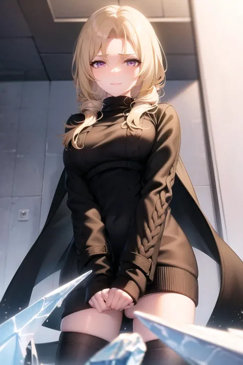 masterpiece, best quality, CocoliaV4, CocoliaV4, 1girl, solo, long hair, standing, night, city alley, ((ice)), ((looking down, from below:1.3)), ((black sweater, long coat, black coat:1.4)), ice, indoors, looking at viewer, slight smile mature, mature female, purple eyes, arms up, <lora:CocoliaV4-09:0.6>
