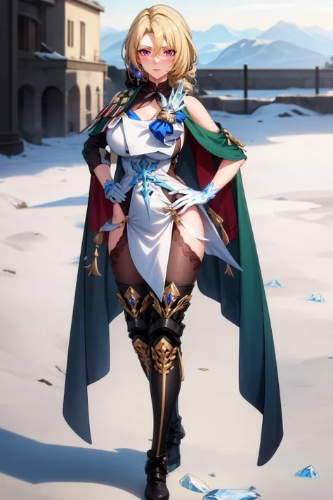 masterpiece, best quality, CocoliaV5, 1girl, solo, looking at viewer, thighhighs, gloves, jewelry, earrings, standing, full body, boots, white gloves, cape, hand on hip, thigh boots, cowboy shot, ((ice)), outdoors, <lora:CocoliaV5:0.7>