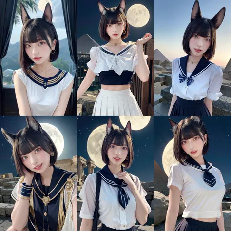 (otherworldly, otherworldly atmosphere, otherworldly appearance), highly insanely detailed, masterpiece, top quality, best quality, highres, 4k, 8k, RAW photo, (long_hair, long hair), collar, earrings, jewelry, 
(random colors cloth, random colors hair, random long hair, dynamic hair, glowing hair), 
long hair, eyelashes, eyeliner, makeup, hair over one eye, 
(dynamic pose), (dynamic weather), (dynamic background), nsfw, 
1girl, (portrait:1.2), 
moon, night, ((ancient egyptian theme)), (anubis ears), (gold), golden ornaments, 
BREAK
<lora:HinanoV01:1>, 1girl, short hair, bob cut, bangs, small breasts, smile, light blush, upper body, head tilt, sailor_shirt, pleated_skirt, bowtie, hair behind ear, 
BREAK, (fantasy world)