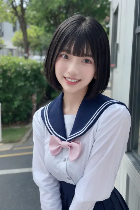 <lora:HinanoV01:1>, 1girl, short hair, bob cut, bangs, small breasts, smile, light blush, best quality, masterpiece, illustration, realistic, photo-realistic, amazing, finely detail, incredibly absurdres, huge filesize, ultra-detailed, highres, extremely detailed CG unity 8k wallpaper, upper body,head tilt, sailor_shirt,pleated_skirt,bowtie, hair behind ear,