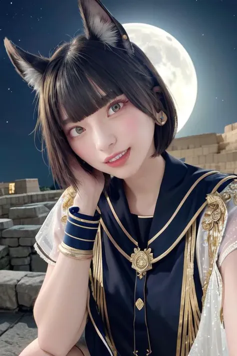 (otherworldly, otherworldly atmosphere, otherworldly appearance), highly insanely detailed, masterpiece, top quality, best quality, highres, 4k, 8k, RAW photo, (long_hair, long hair), collar, earrings, jewelry,
(random colors cloth, random colors hair, random long hair, dynamic hair, glowing hair),
long hair, eyelashes, eyeliner, makeup, hair over one eye,
(dynamic pose), (dynamic weather), (dynamic background), nsfw,
1girl, (portrait:1.2),
moon, night, ((ancient egyptian theme)), (anubis ears), (gold), golden ornaments,
BREAK
<lora:HinanoV01:1>, 1girl, short hair, bob cut, bangs, small breasts, smile, light blush, upper body, head tilt, sailor_shirt, pleated_skirt, bowtie, hair behind ear,
BREAK, (fantasy world)