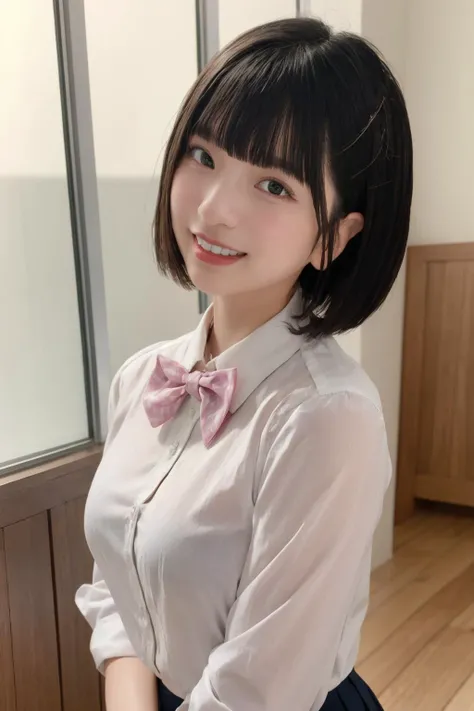 masterpiece, highest quality, High resolution, become familiar with, 1 girl, alone, looking at the viewer, smile, , Hanekawa 01, naoetsu high school uniform,black hair, pink school uniform, short hair