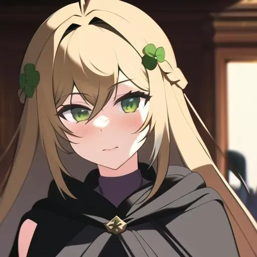 (masterpiece:1.1), (best quality:1.1), 1girl, Real light and shadow, anime face, 4k, 8k, wallpaper,epic, detail texture, ((1girl)), solo, <lora:FutureKnightGuardianTales:1> future_knight, long hair, blonde hair, green eyes, braid, gloves, clover hair ornament, ahoge, hair between eyes, fingerless gloves, cape, bandages, cloak, black pants, kness up