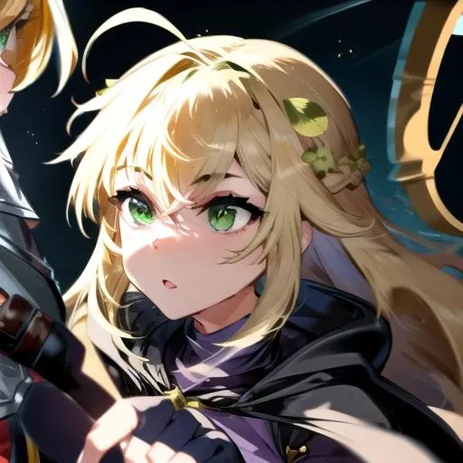 (masterpiece:1.1), (best quality:1.1), 1girl, Real light and shadow, anime face, 4k, 8k, wallpaper,epic, detail texture, ((1girl)), solo, <lora:FutureKnightGuardianTales:1> future_knight, long hair, blonde hair, green eyes, braid, gloves, clover hair ornament, ahoge, hair between eyes, fingerless gloves, cape, bandages, cloak, black pants, kness up