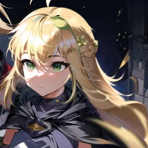 (masterpiece:1.1), (best quality:1.1), 1girl, Real light and shadow, anime face, 4k, 8k, wallpaper,epic, detail texture, 1girl, solo, <lora:FutureKnightGuardianTales:1> future_knight, long hair, blonde hair, green eyes, braid, gloves, clover hair ornament, ahoge, hair between eyes, fingerless gloves, cape, bandages, cloak