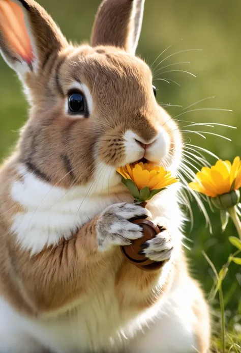professional  macro shot, a sitting bunny holding (a ring to rule them all from Lord of the ring) in its mouth, picking up a golden ring, smelling good, having a snack, national geographic photo, national geographic photo shoot, holding a flower, award winning nature photo, natural beauty, national geographic photography, peaceful expression, just a cute little thing, by Alison Geissler, national geographic photo , bashful expression, bokke
