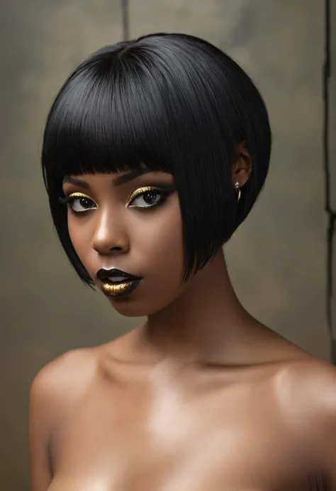 point-of-view, Clean naked shot, medium-shot professional studio photo, detailed face of a cute young African American goth style girl, straight bobcut black hair, pale skin, detailed full lips, sharp focus, DSLR, Fujifilm XT3, black & Gold,1:18f , bokke, rocky background, posing on reflecting wet surface, upturned boobs, inverted nipples, belly button, perfect lower-leg