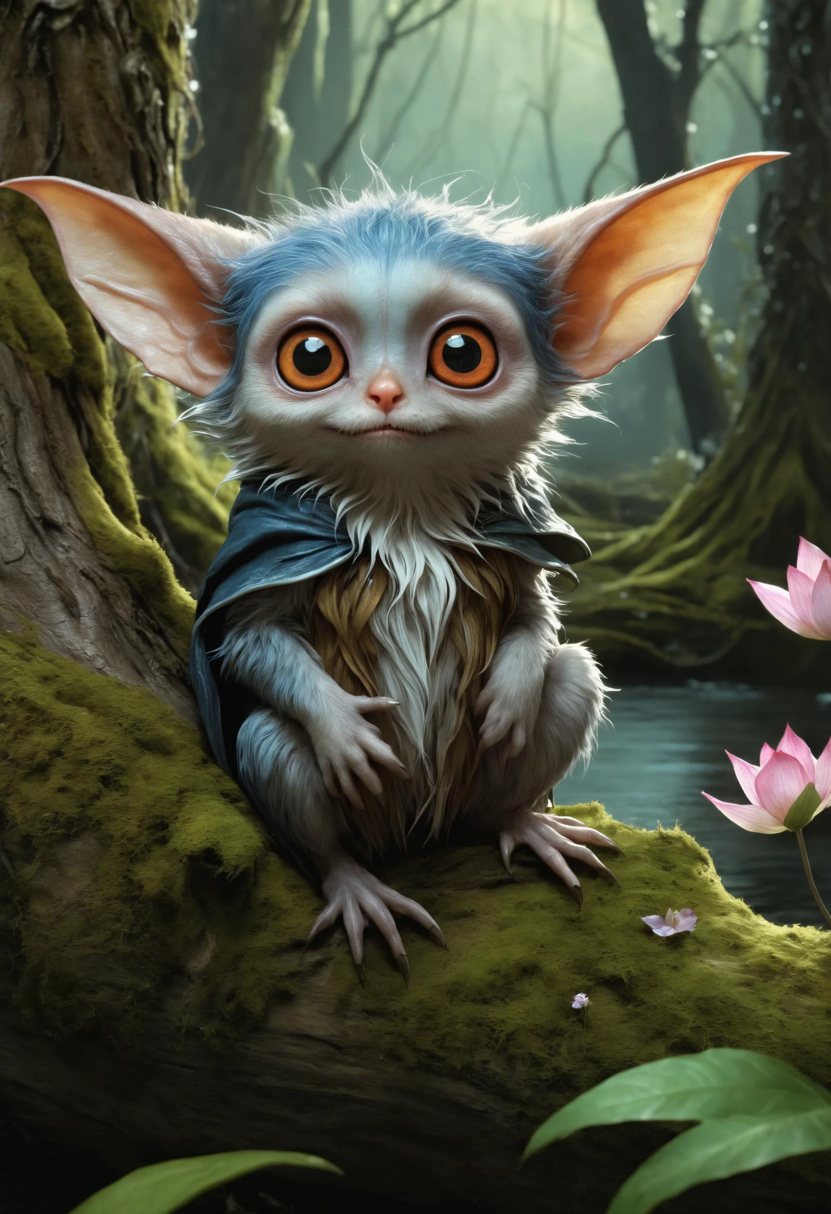 (high quality1.4), (exquisite masterpiece1.5),
A cute colorful fluffy kawaii fluffy toddler goblin, huge kind eyes, professional wildlife photography, in a fantasy swamp forest,(exceptionally detailed1.6),
4K UHD, 8K UHD, High-definition, amazing capturing In style of Brian Froud, trending on Saatchi Art, captures the (whimsical charm1.3) of an (enchanted forest1.3). (Luminous fairies1.4) dance among (ancient trees1.3), and (shimmering petals1.4) grace the (enchanting glade1.3)