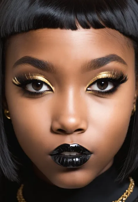 Close-up, Clean naked shot, medium-shot professional studio photo, detailed face of a cute young African American goth style girl, straight bobcut black hair, pale skin, detailed full lips, sharp focus, DSLR, Fujifilm XT3, black & Gold,1:18f , bokke,