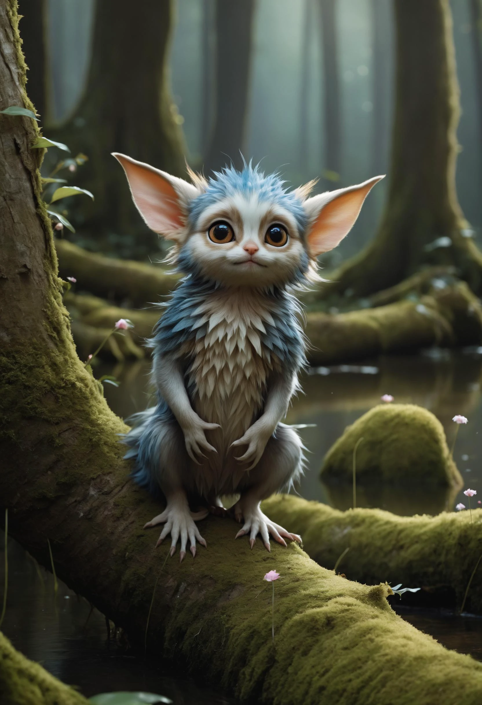(high quality1.4), (exquisite masterpiece1.5),
A cute colorful fluffy kawaii fluffy toddler goblin, huge kind eyes, professional wildlife photography, in a fantasy swamp forest,(exceptionally detailed1.6),
4K UHD, 8K UHD, High-definition, amazing capturing In style of Brian Froud, trending on Saatchi Art, captures the (whimsical charm1.3) of an (enchanted forest1.3). (Luminous fairies1.4) dance among (ancient trees1.3), and (shimmering petals1.4) grace the (enchanting glade1.3)
