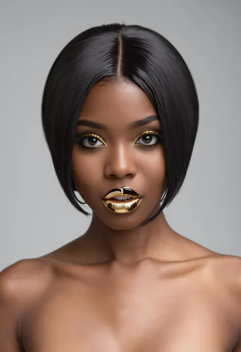 Close up Clean naked shot, medium-shot professional studio photo, detailed face of a cute young African American goth style girl, straight bobcut black hair, pale skin, detailed full lips, sharp focus, DSLR, Fujifilm XT3, black & Gold,1:18f , bokke,