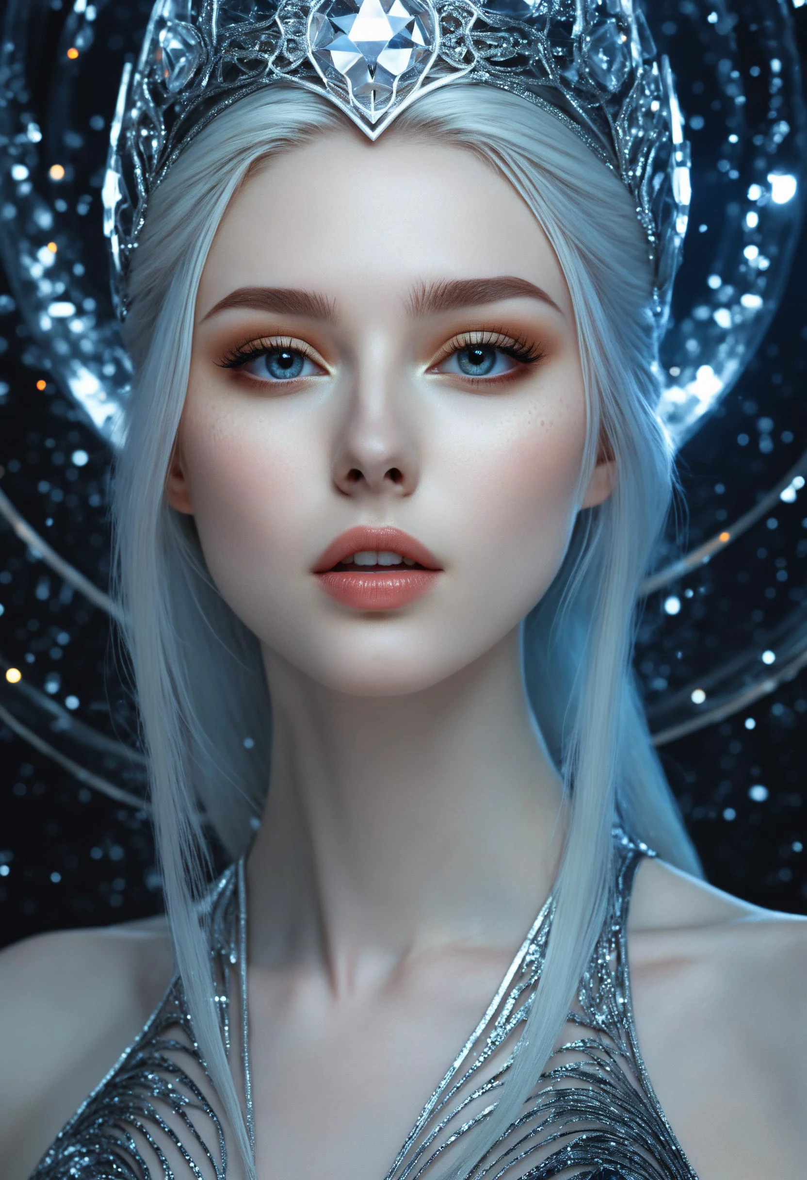fantastic epic masterpiece, ((full-body-shot)), standing masterpiece, highest esthetic score, photo of an exquisitely beautiful pale skin european 1girl, 19yo, modern implementation of sci-fi "botichhelli The Birth of Venus"starlight falls on beautiful young face. Depth of field, insane details:1.4, ultra detailed, absurdres, 1:280f Zeiss lens, long aperture, fiery opal, platinum, obsidian, Iridium ,feet in the shell, extraterrestrial sight, intricate background, style by Hyung Jun Kim, bare feet, piercing eyes, detailed pupils, high-resolution texture face, luminous face, Ethereal glow , cinematic, reallife!,fantasy details,Jasmine Beckett Griffith, Luis Royo, van gogh,sharp focus, hyperdetailed, beautiful, mysterious,