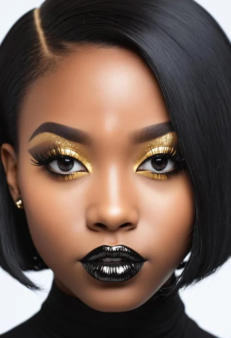 Close up naked shot, medium-shot professional studio photo, detailed face of a cute young African American goth style girl, straight bobcut black hair, pale skin, detailed full lips, sharp focus, DSLR, Fujifilm XT3, black & Gold,1:18f , bokke,