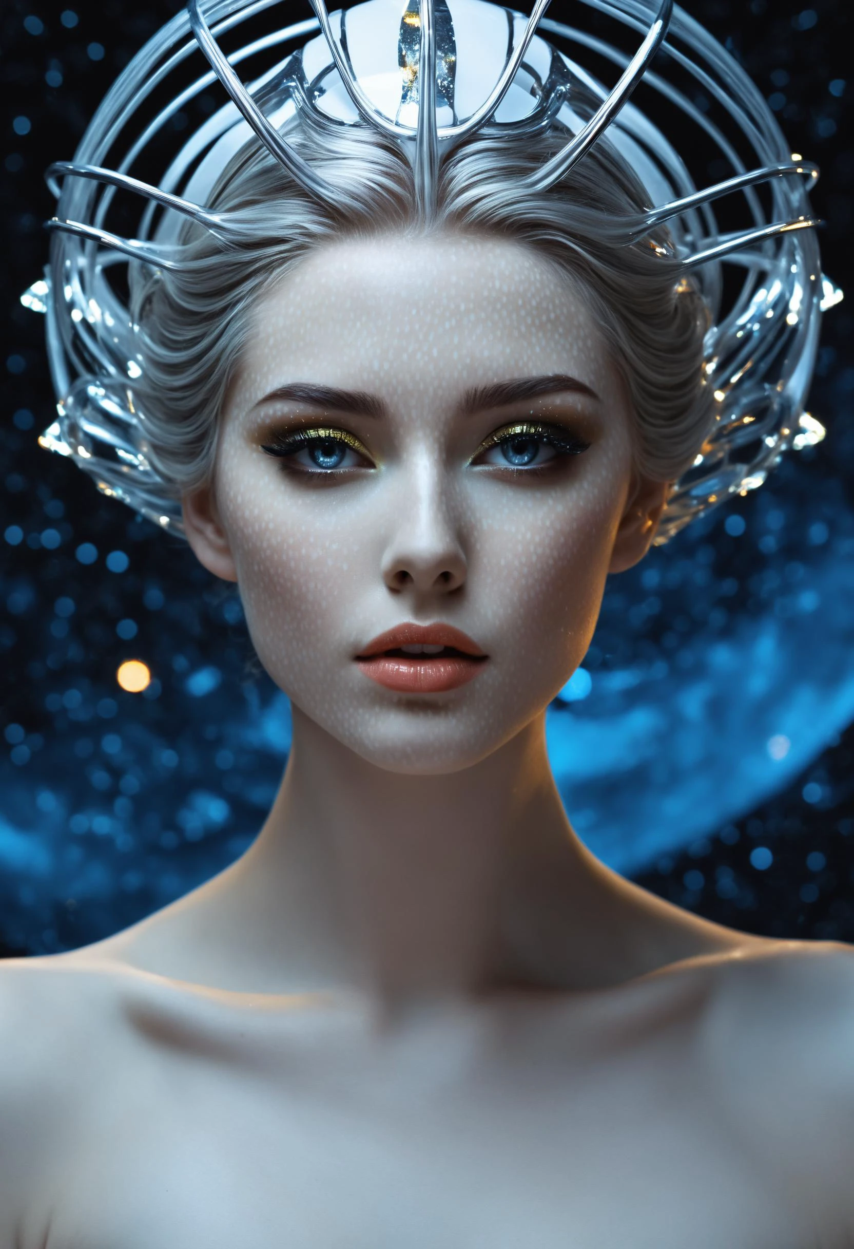 fantastic epic masterpiece, ((full-body-shot)), standing masterpiece, highest esthetic score, photo of an exquisitely beautiful pale skin european 1girl, 19yo, modern implementation of sci-fi "botichhelli The Birth of Venus"starlight falls on beautiful young face. Depth of field, insane details:1.4, ultra detailed, absurdres, 1:280f Zeiss lens, long aperture, fiery opal, platinum, obsidian, Iridium ,feet in the shell, extraterrestrial sight, intricate background, style by Hyung Jun Kim, bare feet, piercing eyes, detailed pupils, high-resolution texture face, luminous face, Ethereal glow , cinematic, reallife!,fantasy details,Jasmine Beckett Griffith, Luis Royo, van gogh,sharp focus, hyperdetailed, beautiful, mysterious,