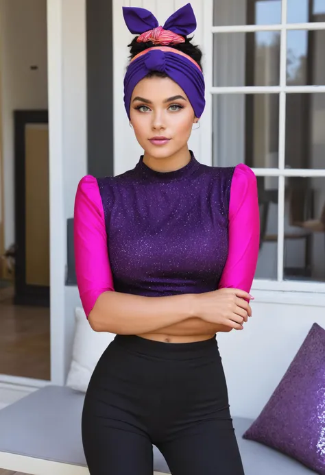 masterpiece, high res, detailed face, detailed eyes, Lyon, 1girl, solo, short hair, top knot, black and gold outfit, purple hair, brown eyes, chinnese hairstyle, headband, blushing, detailed eyes, 1 girl, solo, slender, black hair, top knot, blue eyes, short hair, black gold outfit, pink sleeves, indoors, full body, cocky, brazen, tomboy, standing, outdoors, <lora:Lyon:1>