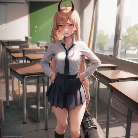 masterpiece, best quality, ultra-detailed, volumetric lighting, best shadow, 1girl, sexy pose, fullbody, standing, small breasts, slim body, (cleavage:0.5), (schoolgirl uniform, tie, long sleeve dress shirt, black pleated skirt, socks), (classroom:1.2), <lora:power:0.8>, chainsaw man, power \(chainsaw man\), horns, blonde hair, symbol-shaped pupils, cross-shaped pupils, yellow eyes