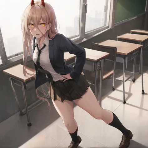 masterpiece, best quality, ultra-detailed, volumetric lighting, best shadow, 1girl, extremely detailed face, sexy pose, fullbody, standing, looking at viewer, small breasts, slim body, (cleavage:0.5), (schoolgirl uniform, tie, long sleeve dress shirt, black pleated skirt, socks), (classroom:1.2), <lora:power:0.8>, power \(chainsaw man\), horns, blonde hair, symbol-shaped pupils, cross-shaped pupils, yellow eyes