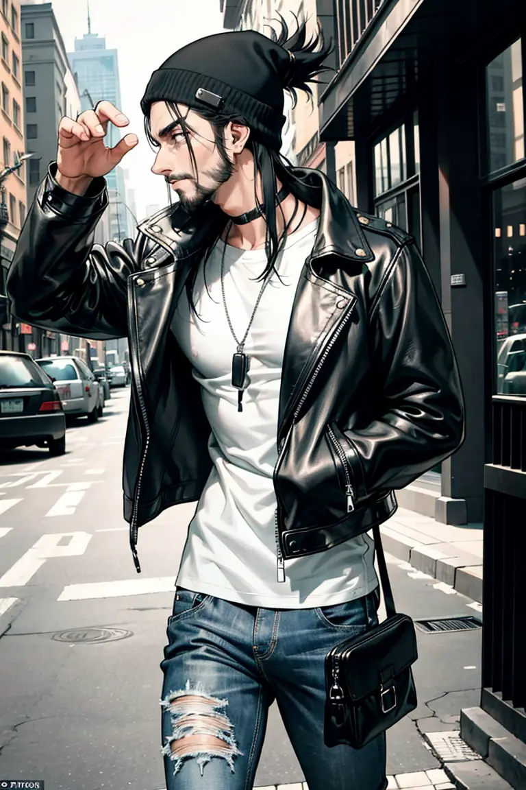 (masterpiece:1.2, best quality), 1lady, solo, upper body, big tits, In the picture, a man is seen wearing a fitted black leather jacket over a plain white t-shirt and a pair of dark-washed jeans. The leather jacket adds a touch of edginess and masculinity to the outfit, while the white t-shirt and jeans combination keeps the look casual and approachable.
The man is wearing black lace-up boots, which complement the leather jacket and add a touch of ruggedness to the outfit. He is also wearing a black beanie, which not only adds a trendy element to the look but also keeps his head warm in cooler weather.
The setting of the picture is likely a city street or a trendy downtown area, as the man's outfit and accessories are appropriate for such an environment. He is carrying a black messenger bag, which adds a touch of practicality to the outfit while still maintaining a stylish appearance.
The man's hair is styled in a messy yet deliberate way, suggesting that he values a laid-back and effortless appearance. His facial hair is also groomed, which adds to the ruggedness and masculinity of the look.
Overall, the picture portrays a man who values a balance between edginess and approachability in his fashion choices. The setting of the picture suggests that he is comfortable in a trendy urban environment and enjoys expressing his unique style in such settings.