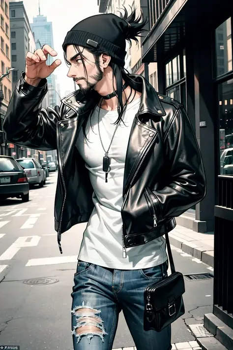 (masterpiece:1.2, best quality), 1lady, solo, upper body, big tits,  In the picture, a man is seen wearing a fitted black leather jacket over a plain white t-shirt and a pair of dark-washed jeans. The leather jacket adds a touch of edginess and masculinity to the outfit, while the white t-shirt and jeans combination keeps the look casual and approachable.
The man is wearing black lace-up boots, which complement the leather jacket and add a touch of ruggedness to the outfit. He is also wearing a black beanie, which not only adds a trendy element to the look but also keeps his head warm in cooler weather.
The setting of the picture is likely a city street or a trendy downtown area, as the man's outfit and accessories are appropriate for such an environment. He is carrying a black messenger bag, which adds a touch of practicality to the outfit while still maintaining a stylish appearance.
The man's hair is styled in a messy yet deliberate way, suggesting that he values a laid-back and effortless appearance. His facial hair is also groomed, which adds to the ruggedness and masculinity of the look.
Overall, the picture portrays a man who values a balance between edginess and approachability in his fashion choices. The setting of the picture suggests that he is comfortable in a trendy urban environment and enjoys expressing his unique style in such settings.