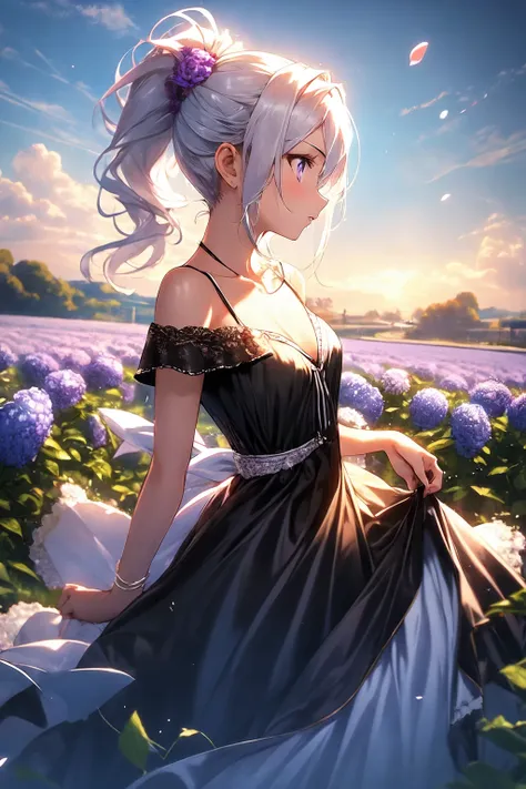 (masterpiece, best quality:1.2), (absurdres, highres, ultra-detailed), (perfect anatomy), BREAK , 1girl, ponytail ,white hair, purple eyes, (dress:1.3), medium breasts, collarbone, flowers and petals, (illustration:1.1), (perfect details:1.1), landscape, background, rose, abstract, , BREAK , -