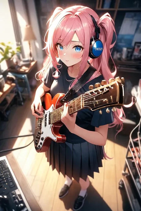 (masterpiece, best quality:1.2), (absurdres, highres, ultra-detailed), (perfect anatomy), BREAK , 1girl, ((cinematic light)), colorful, hyper detail, dramatic light, intricate details, best quality, (wallpaper, masterpiece, best quality, ultra-detailed, best shadow), (detailed background:1.4), (beautiful detailed face, beautiful detailed eyes), high contrast, (best illumination, an extremely delicate and beautiful),(girl:1.5), solo, black skirt, blue eyes, electric guitar, guitar, headphones, holding, holding plectrum, instrument, long hair, music, one side up, pink hair, playing guiter, pleated skirt, black shirt, indoors ((caustic)), dynamic angle,beautiful detailed glow,full body, cowboy shot , BREAK , good
