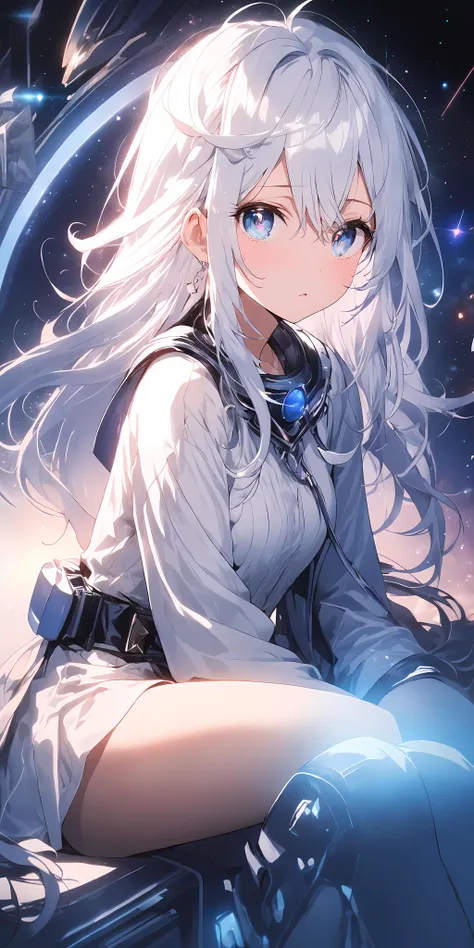 1girl, white hair, symbol-shaped pupils, space goddess, galaxy, light particles, light rays, wallpaper, high contrast, colorful,