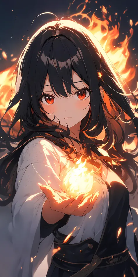 1girl, black hair, red eyes, fire witch, blood, light particles, light rays, wallpaper, high contrast, colorful
