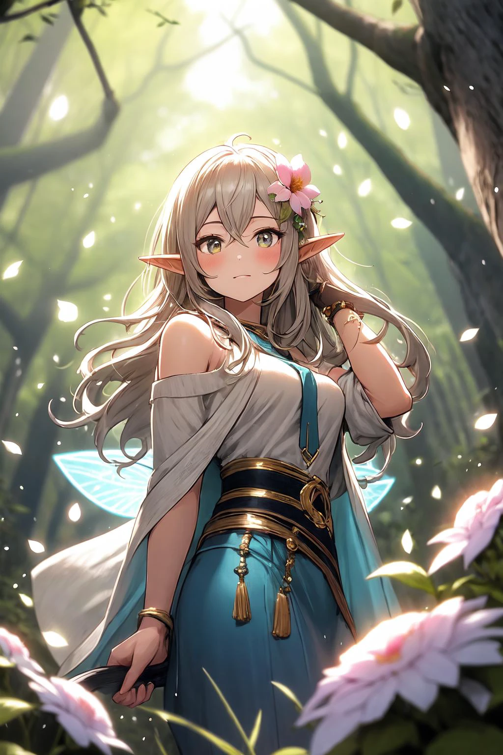 best quality, 1girl, solo, athletic, glowing, elf, pointy ears, spring, forest, fantasy, sparkle, flower, fairies,