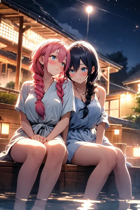 (masterpiece, best quality), 2girls, onsen, yuri, flower, braid, blush, night, vibrant colors, volumetric lighting, blue eyes