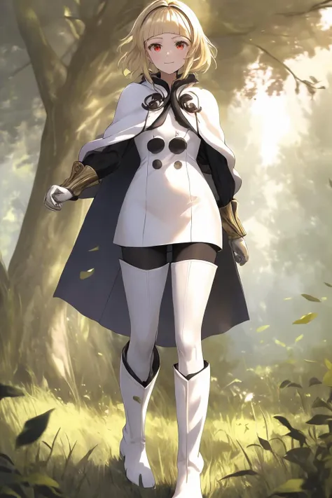 masterpiece, best quality, <lora:OneDrakenGardV1-000080:1>, One, 1girl, blonde hair, red eyes, short hair, looking at viewer, smirk, standing, forest, trees, sun, sky, thigh boots, pantyhose, white capelet, white cape