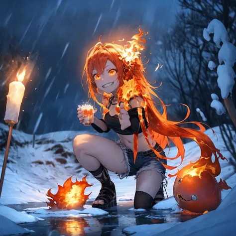 masterpiece, best quality, <lora:FlamingOrangeHairV1-000130:1>, OrFir, female, fiery_hair, long_hair, orange_hair, snow, winter, snow_melting, crop_top, shorts, chain, glowing_eyes, ice_field, frozen_lake, evil_grin, flaming_eye, smug