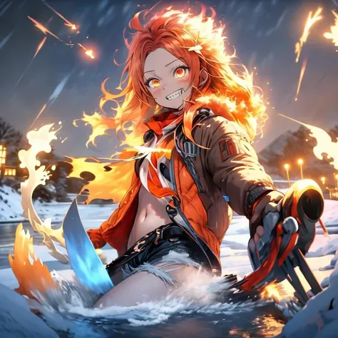 masterpiece, best quality, <lora:FlamingOrangeHairV1-000130:1>, OrFir, female, fiery_hair, long_hair, orange_hair, snow, winter, snow_melting, crop_top, shorts, chain, glowing_eyes, ice_field, frozen_lake, evil_grin, flaming_eye, smug, powerful, <lora:S12 v4.2 NAI_208163:0.5>