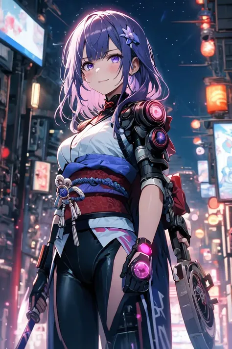 1girl, cowboy shot,
cyberpunk, cyberpunk style,
<lora:raidenshogun1:0.7>, raidenshogundef, raidenshogunrnd, purple hair, purple eyes, long hair,
stare, smile, closed mouth, looking at viewer,
katana, holding sword, purple katana,
cybernetic bodysuit, mechanical headwear, mechanical earpiece, cyborg, mechanical clothing,
mechanical arms, mechanical parts, cybernetic_body,
cyberpunk city, neon lights, night, night sky,
<lyco:glaringV_Conv2D:1.0>, glaring, angry,, weird atmosphere, (best quality:1.1), (masterpiece:1.2), high quality shadow, beautiful detailed, (high detailed skin, skin details), (wide_landscape, 8k), beautiful face, detailed eyes, depth of field, dramatic light, best quality, highres, best shadow, best illumination,, depth_of_field, blurry, blurry_background, blurry_foreground, motion_blur,