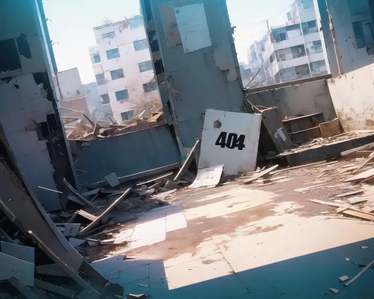 english text, (("4 0 4 " text logo)), destroyed and abandoned building, indoors,
<lora:404:0.8>