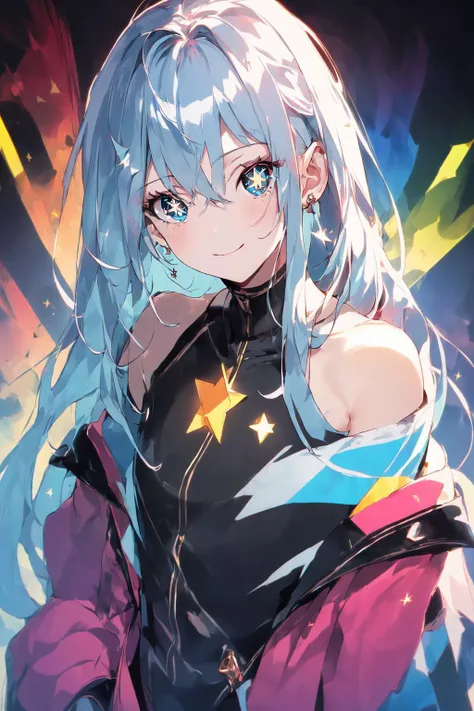 (masterpiece, best quality, highres), ((1girl, (mature female) long hair, upper body), (star-shaped pupils, +_+, symbol-shaped pupils, sparkling eyes)), (looking at viewer, light smile, off shoulder), (multicolored background, abstract background, chromatic aberration),