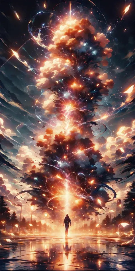 <lora:ThunderMagic:0.8>thundermagic, explosionmagic, excessive energy, smoke, glowing aura,
1man, toned, tall, solo, cherry blossoms, short hair, lamppost, scenery, night, jeans, tree, standing, from behind, petals, outdoors, road, light, dark, red hoodie, sneakers, reflection, blonde hair, <lora:add_detail:1> <lora:ThunderMagic:0.8>