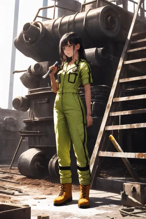masterpiece, best quality, 1girl, solo, standing, jumpsuit, long legs, factory, dark, machinery, dirty, oil, work boots, wrench, holding wrench