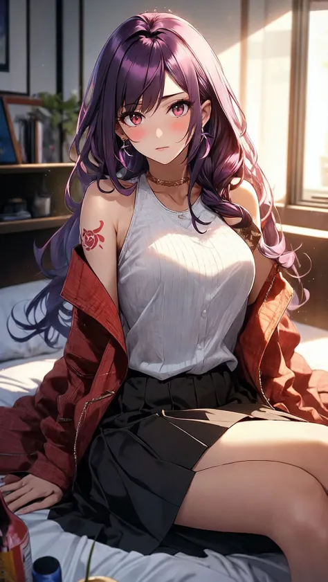 (masterpiece, best quality:1.2), (absurdres, highres, ultra-detailed), (perfect anatomy), (masterpiece, 4k, 8k, ultra hires, exremely detailed, good shadow, good light, deep shadow, unreal, high resolution, ultra detailed, best quality, ultra high res, visually stunning, beautiful, award-winning art, best quality, stunningly beautiful:1.2), (1girl), long hair, purple hair, (foxy eyes:1.2), red eyes, ((yakuza)), tattoo, earrings, jacket over shoulder,