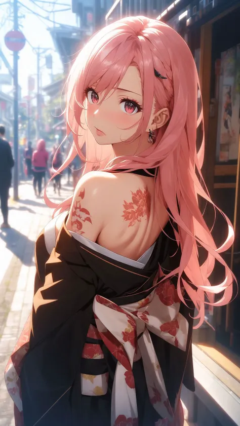 (masterpiece, best quality:1.2), (absurdres, highres, ultra-detailed), (perfect anatomy), (masterpiece, 4k, 8k, ultra hires, exremely detailed, good shadow, good light, deep shadow, unreal, high resolution, ultra detailed, best quality, ultra high res, visually stunning, beautiful, award-winning art, best quality, stunningly beautiful:1.2), (1girl), long hair, (foxy eyes:1.2), red eyes, ((yakuza)), tattoo, earrings, (black jacket over shoulder.1.4), bad girl, (makeup:1.1), detailed face, detailed eyes, bare shoulders, black crop top, ([purple and pink] hair:1.3), (japanese street:1.2), detailed background, medium breasts, shot from behind, focus upper body