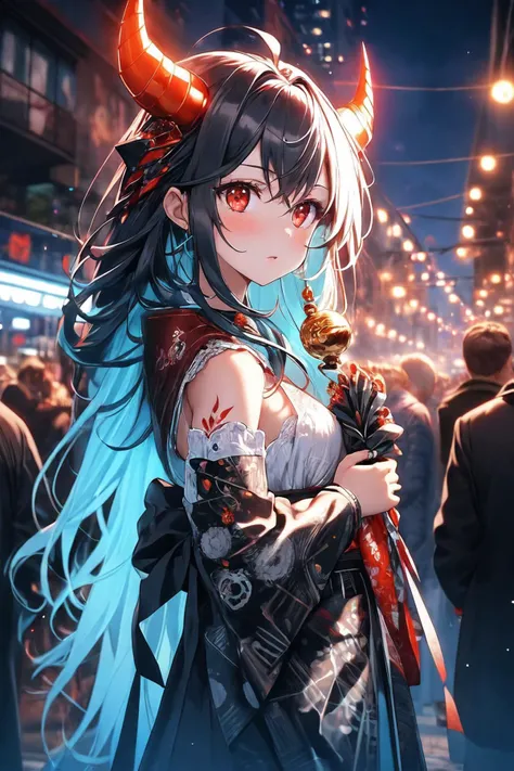 official art, unity 8k wallpaper, ultra detailed, beautiful and aesthetic, (zentangle, mandala, tangle, entangle), (fractal art), dynamic angle, devil, demon, red, red eyes, horns, cyberpunk, fantasy\(theme\), horror\(theme\), dark, shiny skin, petite, small breasts, toned, glowing tattoo, magic circle, light particles, reaching, wind, androgynous,