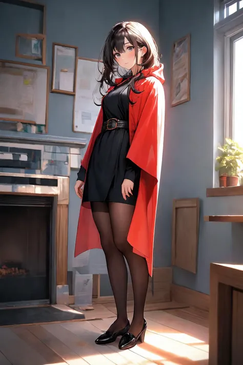 (masterpiece, best quality:1.2), (absurdres, highres, ultra-detailed), (perfect anatomy), BREAK <lora:rwby_rose-10:1>, ruby rose, gradient hair, black hair, red hair, grey eyes, black dress, long sleeves, red cape, pantyhose, full body