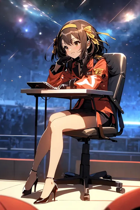 (masterpiece),(best quality), <lora:HaruhiSuzumiya:0.85>,suzumiya haruhi, military uniform, pencil skirt, haruhi armband, high heels, gloves, hair ribbon, hairband, spaceship, spacecraft,chair, computer, sitting, space, stars, milky way,