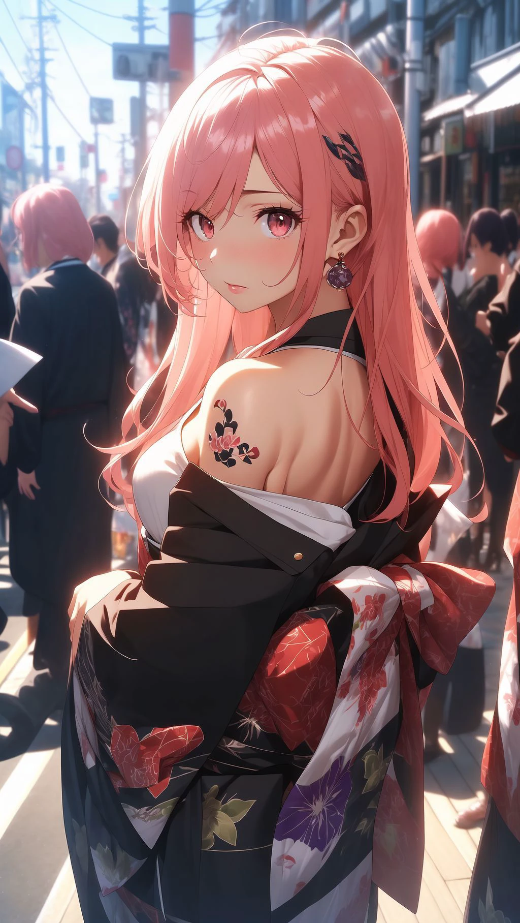 (masterpiece, best quality:1.2), (absurdres, highres, ultra-detailed), (perfect anatomy), (masterpiece, 4k, 8k, ultra hires, exremely detailed, good shadow, good light, deep shadow, unreal, high resolution, ultra detailed, best quality, ultra high res, visually stunning, beautiful, award-winning art, best quality, stunningly beautiful:1.2), (1girl), long hair, (foxy eyes:1.2), red eyes, ((yakuza)), tattoo, earrings, (black jacket over shoulder.1.4), bad girl, (makeup:1.1), detailed face, detailed eyes, bare shoulders, black crop top, ([purple and pink] hair:1.3), (japanese street:1.2), detailed background, medium breasts, shot from side, focus head out of frame